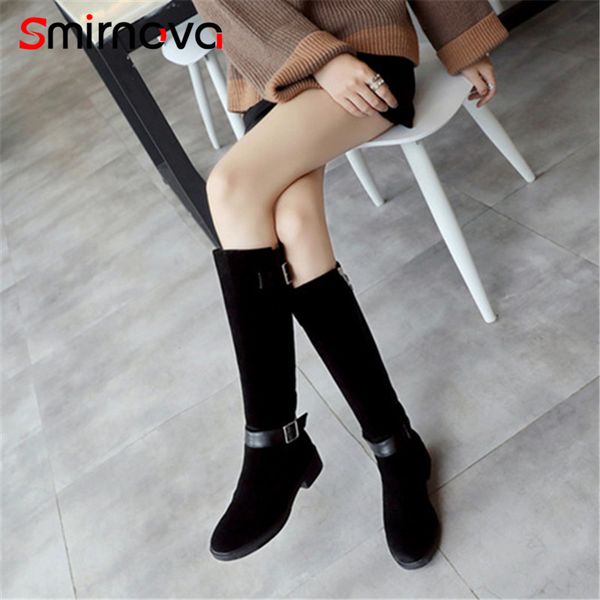 

smirnova winter shoes 2018 med heels cow suede leather boots knee high boots ladies woman new zipper woman, Black