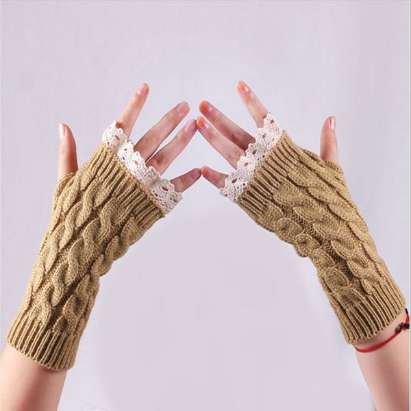

autumn winter new warmth half fingerless gloves women girls soft knitted lace arm crochet mitten glove, Blue;gray