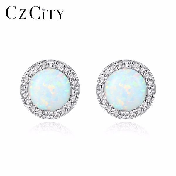 

czcity 925 sterling silver delicate stud earrings for women brightly tiny cz wraped round opal engagement earrings jewelry gifts, Golden;silver