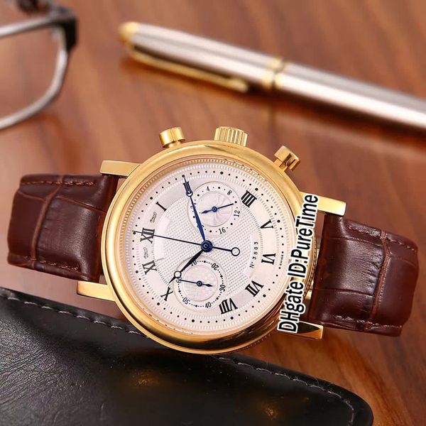 

new classique heritage 5237bb yellow gold case silver roma textured dial miyota quartz chronograph mens watch brown watches satch bg09b2, Slivery;brown