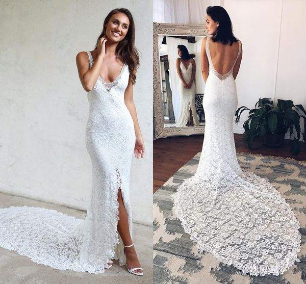 

slit wedding dresses for beach bride v neck open back lace bodice court train designer bridal gown wedding dresses 2018, White