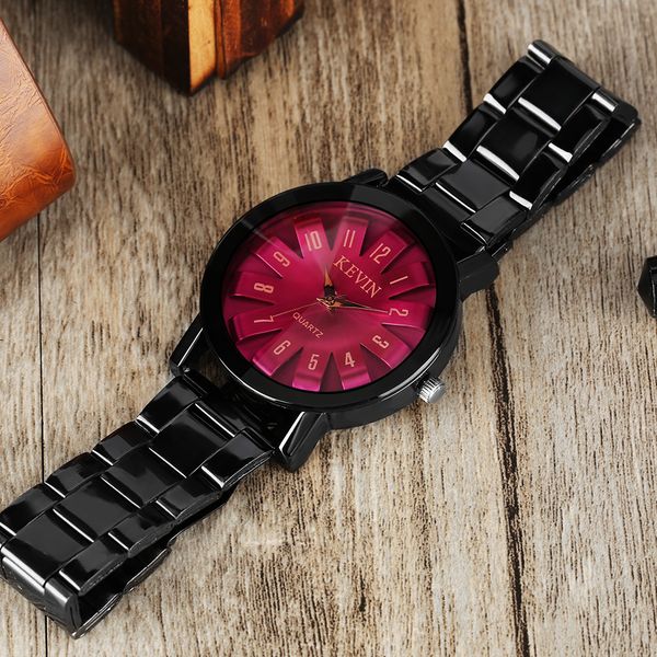 

kevin wristwatch quartz watch blue / red dial women men watch with black stainless steel watches band personality accessories, Slivery;brown