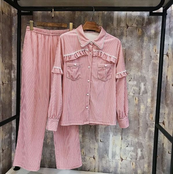 

2018 autumn winter women's pure color flounces striped golden velvet pajamas casual long sleeve two-piece home clothes sleepwear, Blue;gray