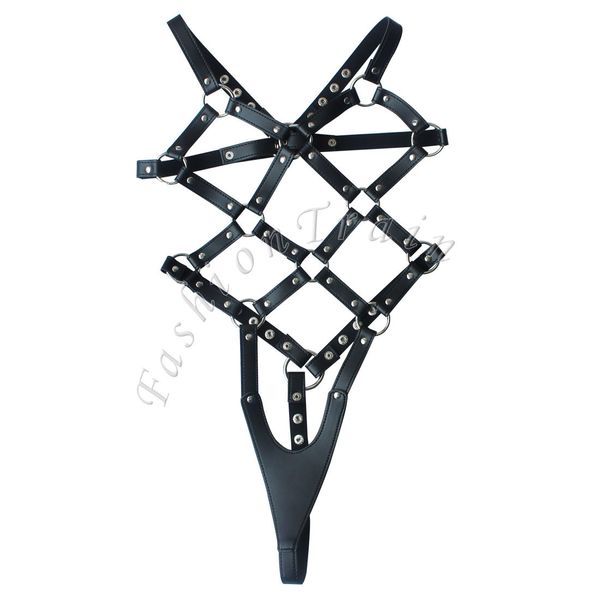 Bondage PU Leder Body Harness Sexy Frauen Kostüm Cupless Teddy Dessous # R97