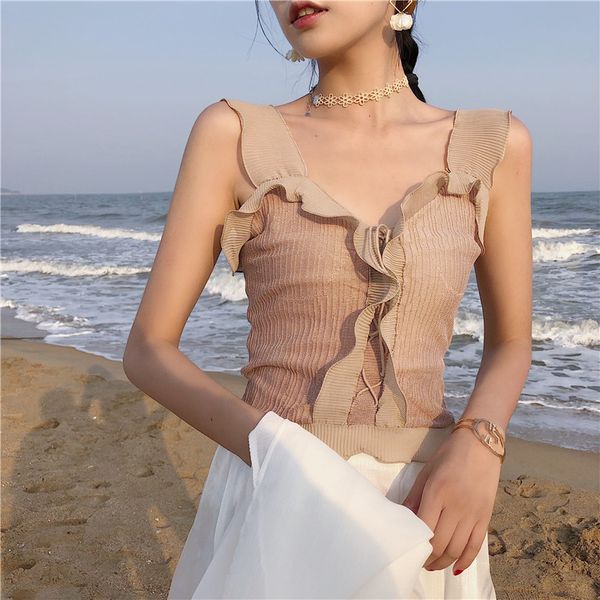 

women's tanks & camis summer female knitted short patchwork chiffon ruffles girls sleeveless t shirt camisoles crop for women, White