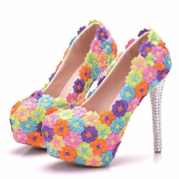 

new handmade elegant round toe shoes for women multi flowers high heel wedding shoes ab crystal thin heels plus size shoes, Black