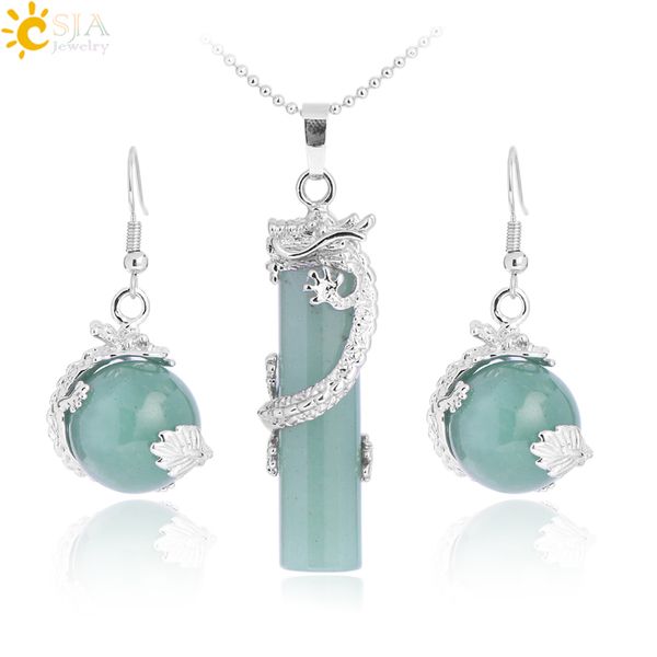 

CSJA 2017 Trendy China Dragon Ball Wrap Round Natural Stone Beads Pendant Necklace Dangle Earring Jewelry Set Women Party Jewellery E390