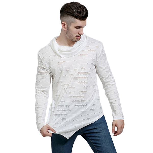 

titmsny male long sleeve t shirt ripped holes streetwear t shirt men fashion men's turtleneck casual long asymmetric hem, White;black