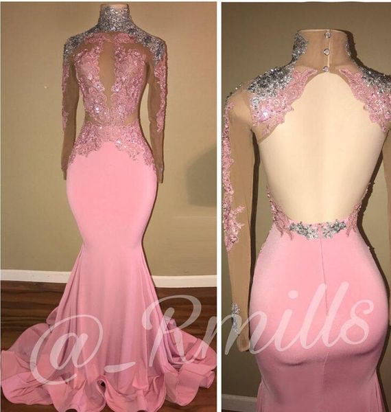 

2018 modest high neck long sleeves prom dresses mermaid applique sequins open back evening gowns robe de soriee custom made, Black
