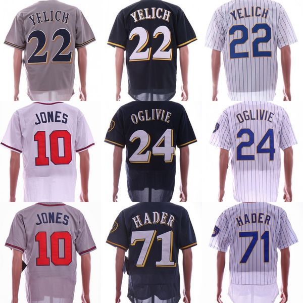 

wholesale men's 22 christian yelich jersey 24 jesus aguilar 71 josh hader 10 chipper jones stiched baseball jerseys white grey navy blu, Blue;black