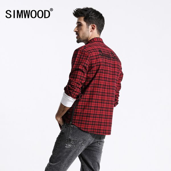

simwood 2018 autumn new red plaid shirts men western double pockets side zipper back embroidery fashion 100% cotton shirt 180392, White;black