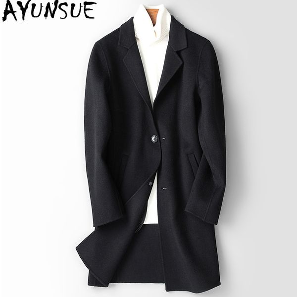 

ayunsue 100% wool coat men double-sided korean jacket cashmere long coat autumn men's jackets plus size casaco masculino kj976, Black