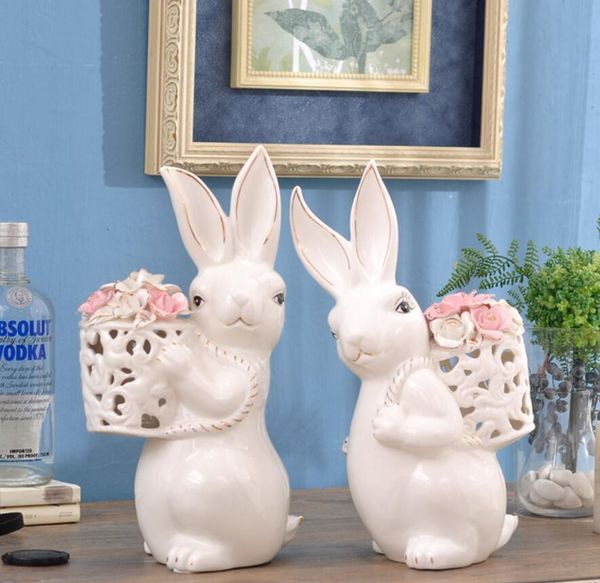 Flor de cerâmica coelho branco decoração de casa sala de artesanato decoração artesanato enfeite de porcelana estatuetas de animais decorações de casamento
