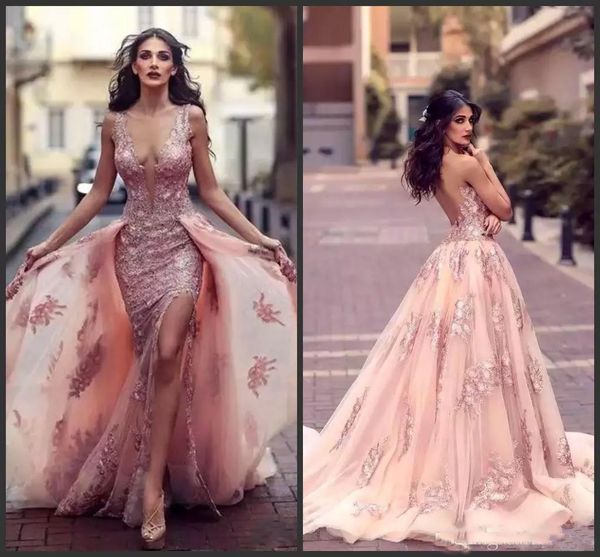 

Sexy Deep V-neck Arabic Mermaid Evening Dresses With Overskirts Lace Appliques Side Split Backless Prom Dress Tulle Red Carpet Gowns