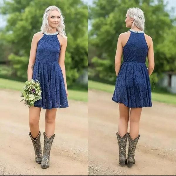 2019 Country Navy Blue Lace Short Bridesmaid Dresses Jewel Neck