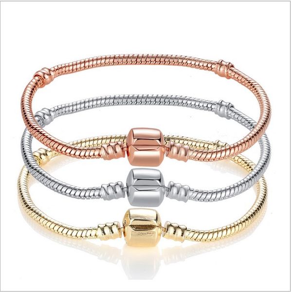 

17-21cm european charms snake chain 18 gold plated bracelet fit pandora rose gold bracelets wholesale fits for women jewelry european beads, Golden;silver