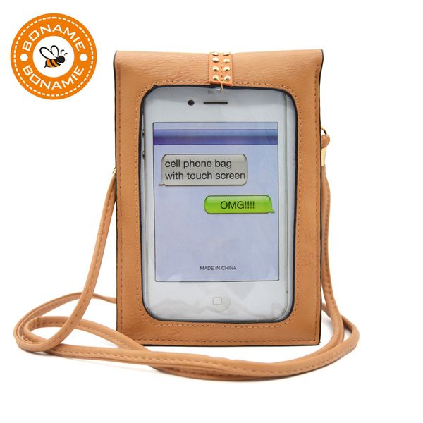 

bonamie functional cell phone bag with touch screen small women brown leather crossbody bag female punk lock messenger