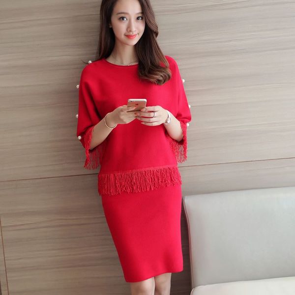 

2018 autumn new korean casual loose large size tassel pullover women 2 piece set womens elastic waist slim mini skirt lf707, White