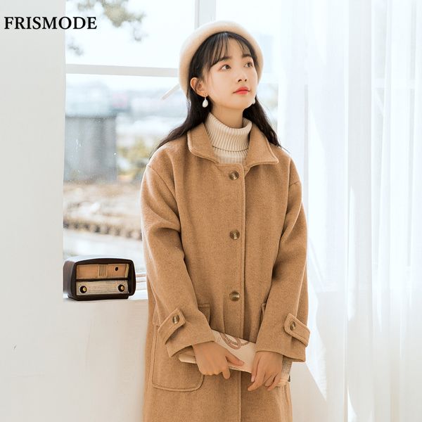 

turn-down collar long sleeve single breasted big pockets plus size loose long woolen coat 2018 winter women casual blends coats, Black