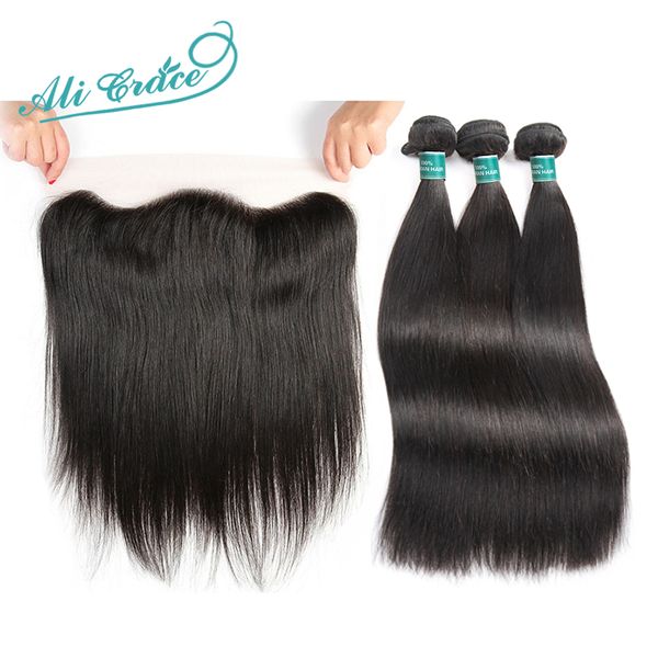 

ali grace hair brazilian straight hair with closure 3 bundles remy human with 13*4 part ear to ear lace frontal, Black;brown