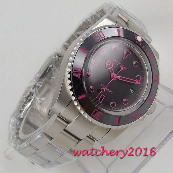 

40mm bliger black dial ceramic bezel glass steel case automatic movement men's watch, Slivery;brown
