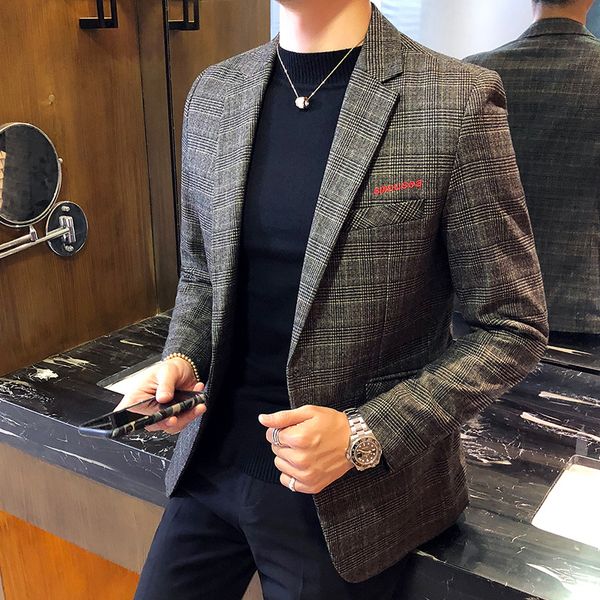 

loldeal 2018 autumn new small suit men's slim light gray retro classic lattice single suit embroidery large size coat, White;black