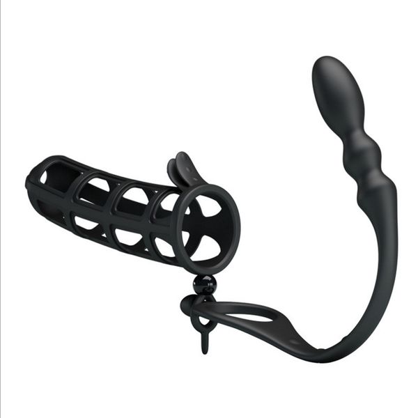 Manicotto del pene nero Cock Tube Cock Ring Butt Plug Anale Anello del pene in silicone Massaggiatore della prostata maschile Prodotti per adulti gay Giocattolo del sesso anale