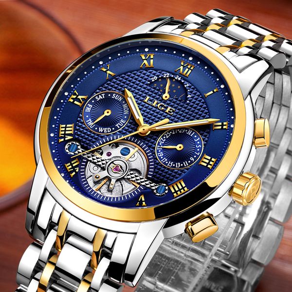 

new 2018 lige brand watch men luxury automatic mechanical watch men stainless steel clock business watches relogio masculino, Slivery;brown