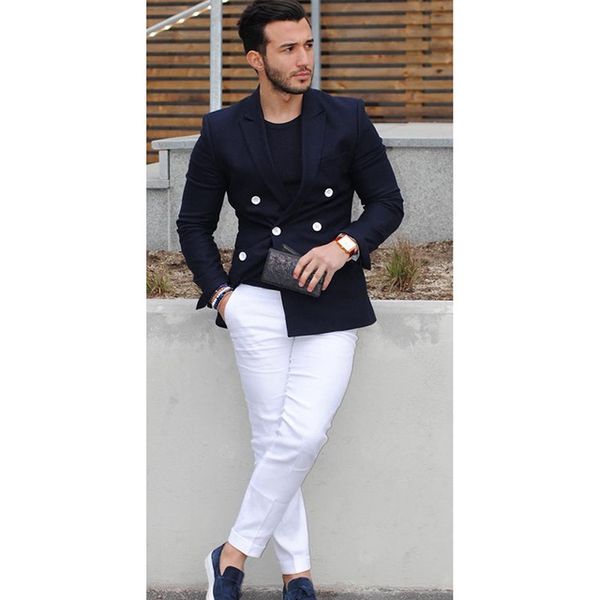 

2018 selling navy blue double breasted coat men suit casual summer autumn blazer tuxedo custom made mens suits 2pcs, White;black