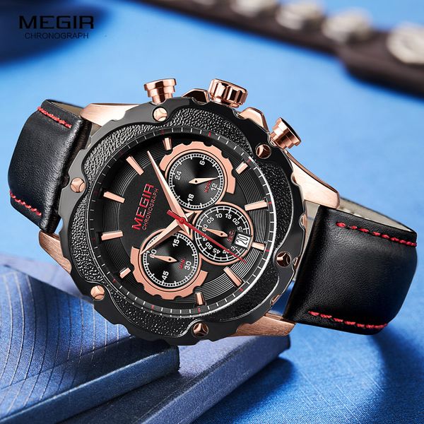 

megir men's leather strap chronograph quartz watches fashion 24-hours indicator sports wristwatch for man boys 2070g-1n0, Slivery;brown
