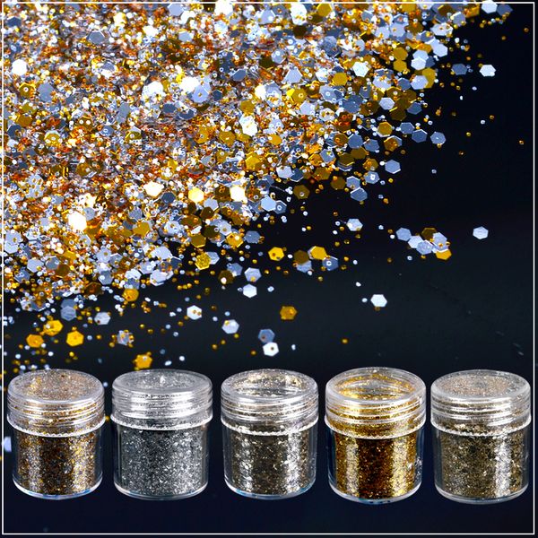 

1 bottle 10ml champagne silver golden optional nail art glitter powder hexagon sequins powder decorations for nails gel polish, Silver;gold
