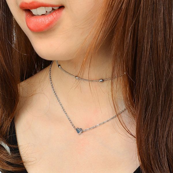 

simple double layers chain heart pendant necklace choker women jewelry women daily accessaries, Silver