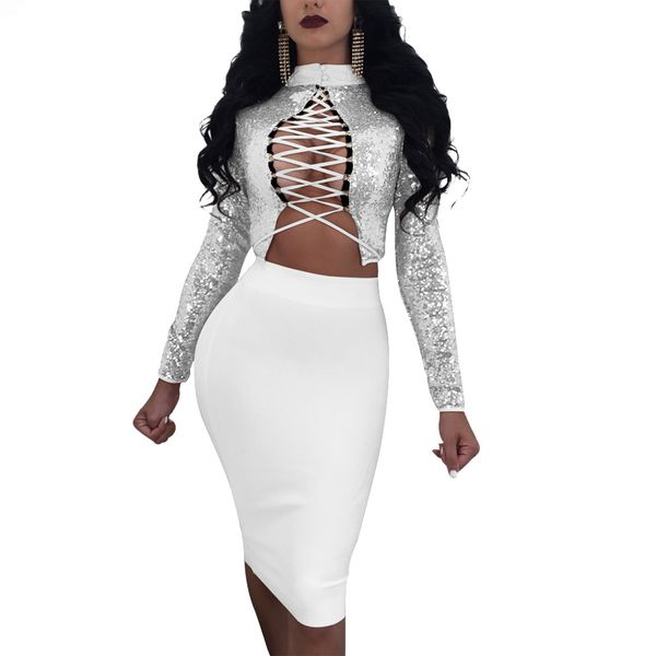

party dresses women sequined 2pcs dress suits bandage designer evening club bodycon sets, White;black
