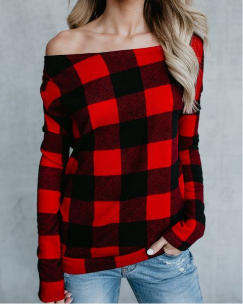 

casual off shoulder plaid shirts long sleeve red shirt women blouse t t-shirt designer checkered dhl loose summer buffalo print sh rrsa, Black