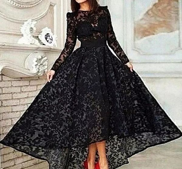 

Vestido 2018 Черный Длинные Линии Элегантный Пром Вечернее Платье Экипаж Шеи С Длинным Рукавом Кружева Привет Lo Платье Для Особых Случаев Платья Вечернее Платье