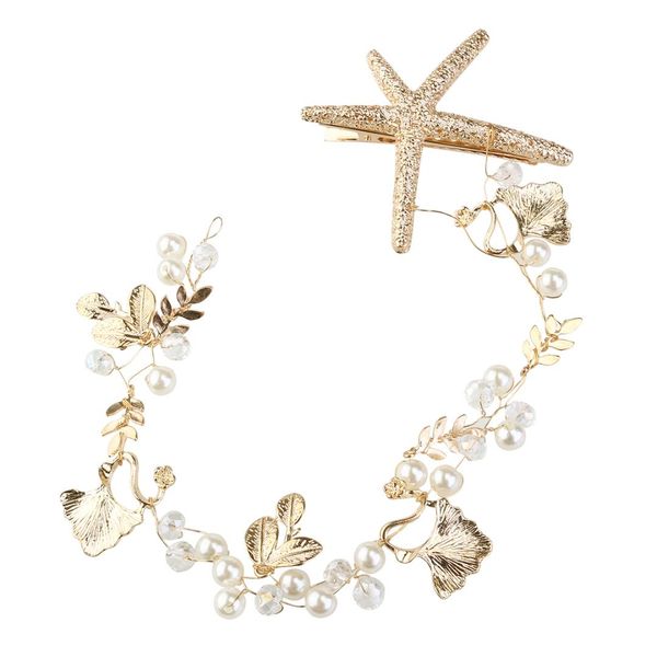 

wedding bridal leaves pearls hair clip hairpin chain headpiece (gold