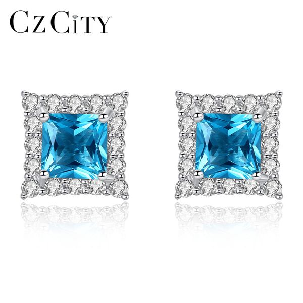 

czcity elegant 925 silver sterling square sapphire stud earrings for women tiny shining cz wraped gemstone earrings jewelry gift, Golden;silver