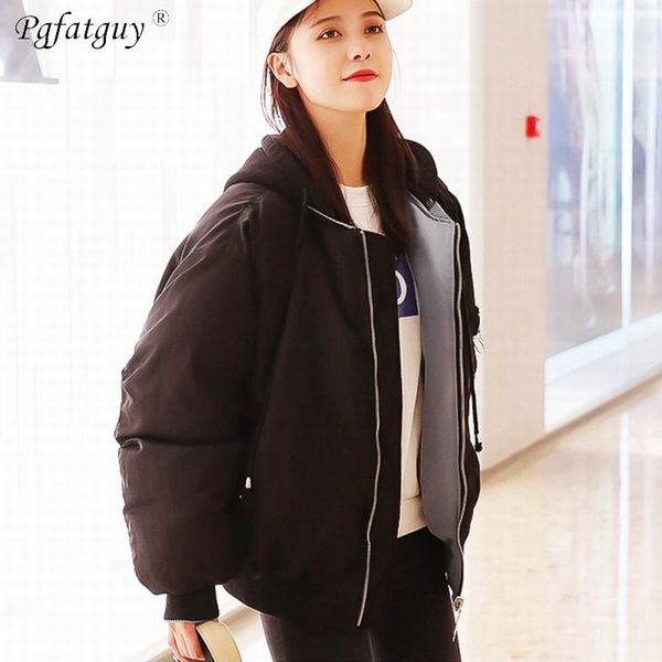 

new 2018 fashion winter chains spliced zipper jacket women hooded both two sides wear ladies short parkas jacket thick warm coat, Black