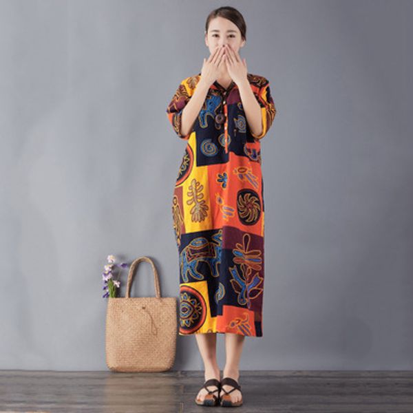 

retro artistic prints loose dress, Black;gray