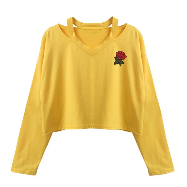 

Fashion Spring Womens Shirts Long Sleeve Off Shoulder Sweatshirt Rose Print Causal Tops Blusa V Neck Jumper Pullover Sweatshirt New