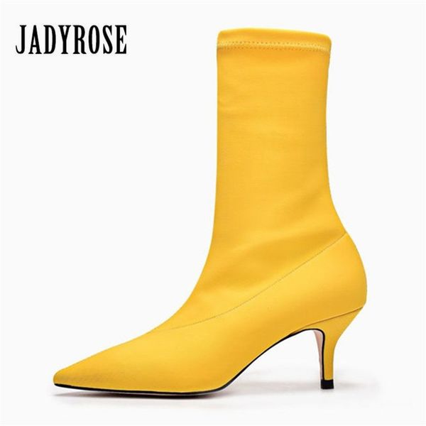 

jady rose yellow women sock boots stretch fabric pointed toe high heels slip on ankle boots women pumps stiletto botas mujer, Black