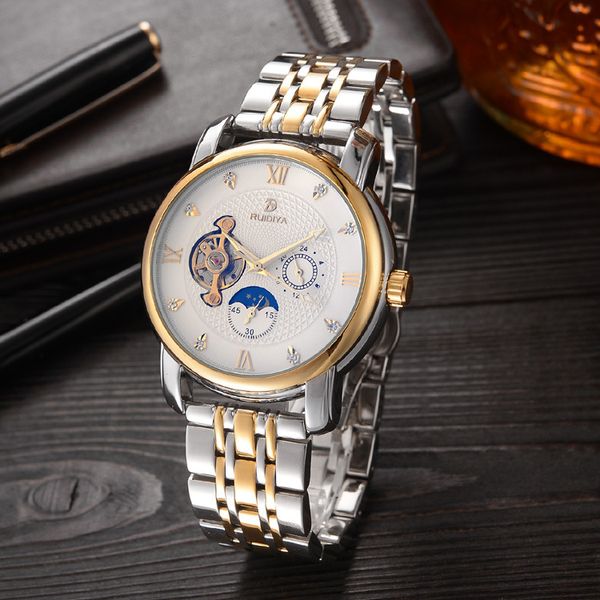 

wengle new moon phase tourbillon fully automatic waterproof gold diamond through bottom luxury gift dress mechanical watches, Slivery;brown