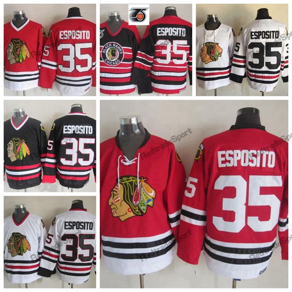 

mens 1992 vintage 75th tony esposito chicago blackhawks hockey jerseys home red classic white 35 tony esposito stitched shirts, Black;red