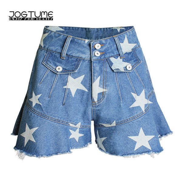 

summer wide leg female short jeans high waist fashion star print women denim shorts femme loose cotton jeans high quality, White;black