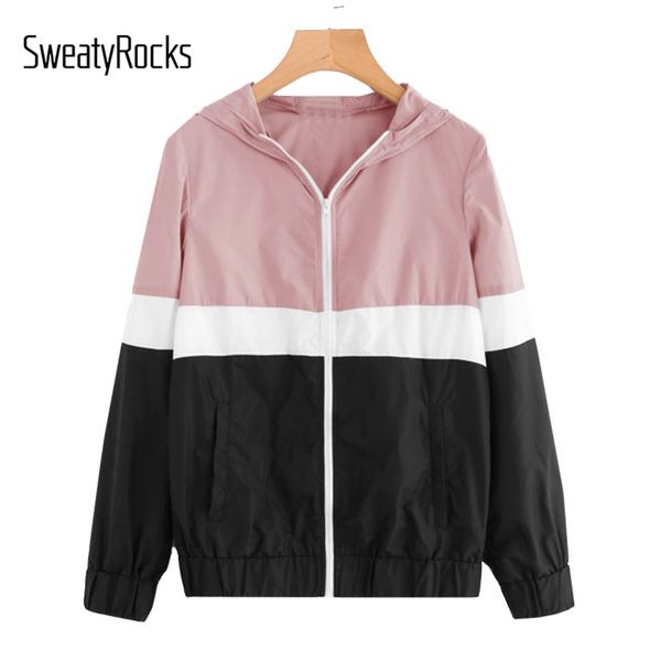 S18101102 Frauen Und Damen Nähen 2018 Schnitt Hoodie Neue Regular Taschen Ankunft Fit Top Großhandel Reißverschluss Jacke Sweatyrocks Colorblock NnOX80Pwk