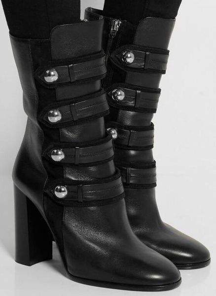 

Black leather high nice boot feminina qaured high heel motorcycle bota feminina arnie military leather boot