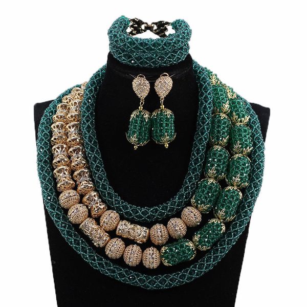 

luxury new trendy 4 layers crystal beads fashion teal and gold big african costume jewelry set women bride jewelry set abh789, Silver