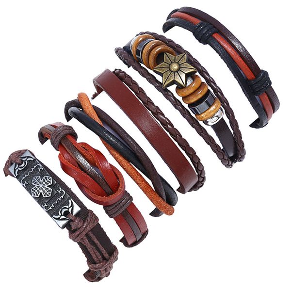 

dropshipping vintage punk rock charm bracelet men 6pcs/set multilayer leather braided rope wrap bracelets for women jewelry gift, Golden;silver