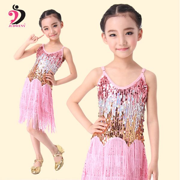 

latin dance dress for girls ballroom dancing dresses for kids children professional latin sequin fringe salsa tassel 6 colors, Black;red