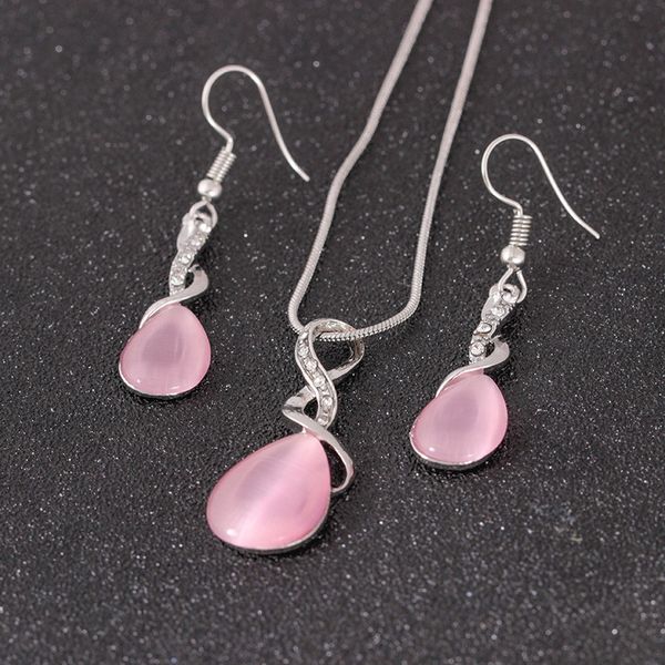 

new wedding gifts silver color chain pink white black opal jewelry sets for women zircon waterdrop pendants necklace earring sets cn